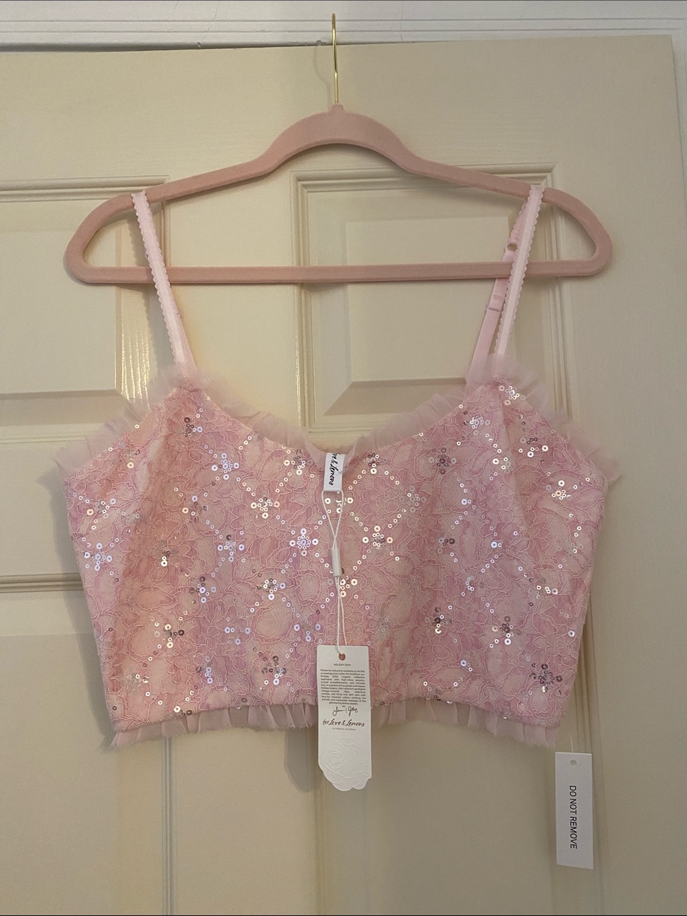NWT For Love And Lemons Pink Floral Sequin Cropped Tank Top